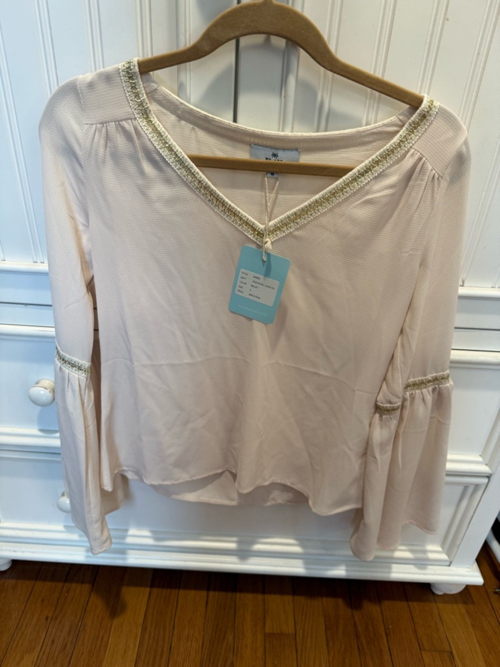 Beaded Trim Blush V-Neck Bell Sleeve Blouse